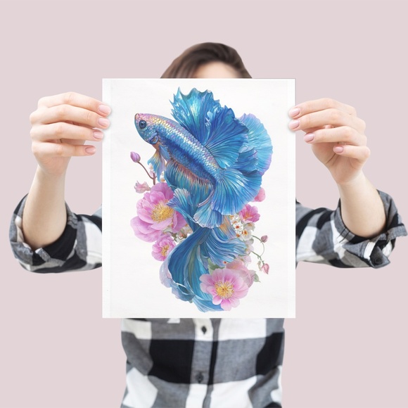 Watercolor Betta Fish with Flowers Wall Art Print Unframed - Enchanting Aquatic - Picture 4 of 6